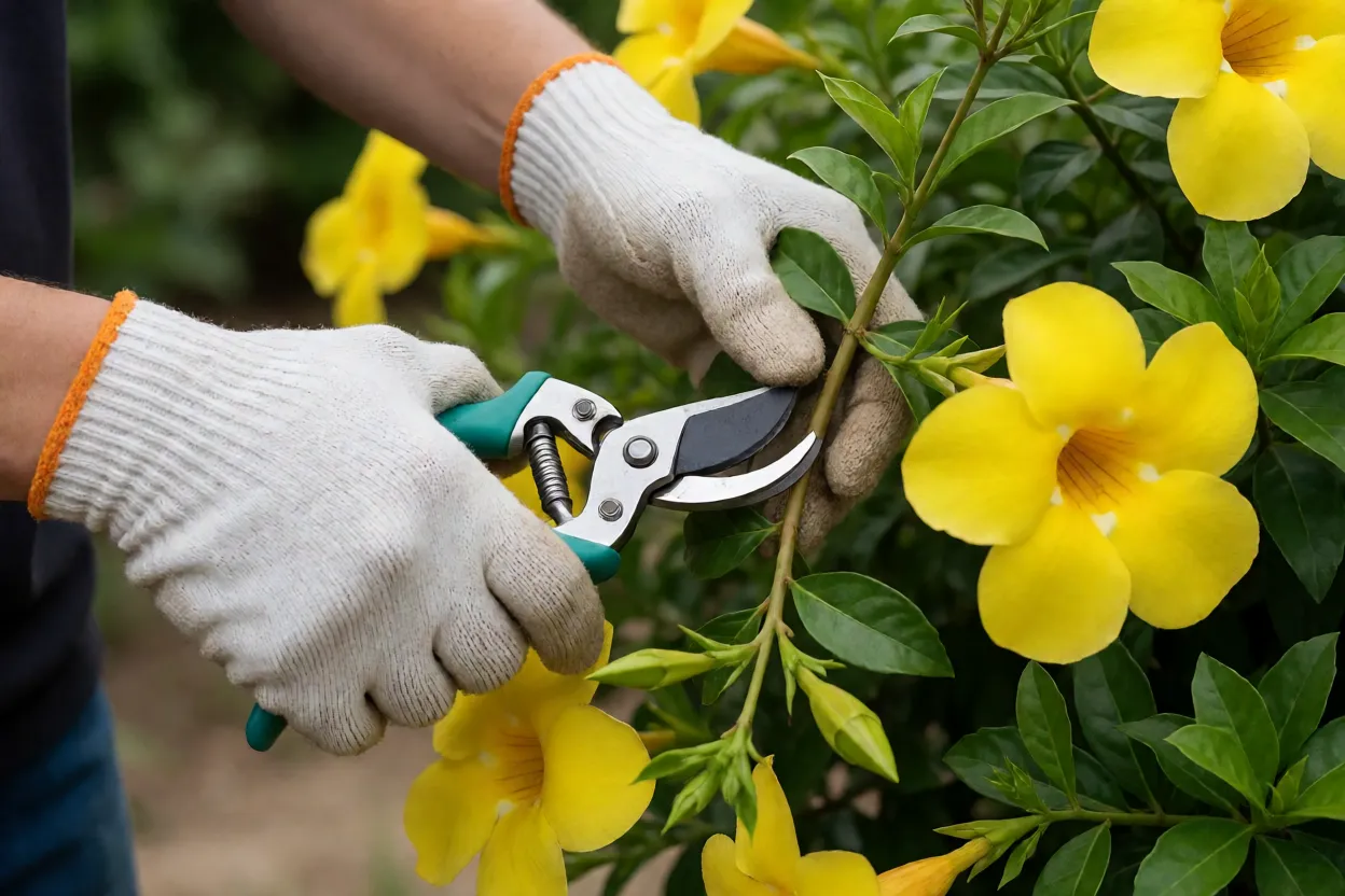 Poda da alamanda amarela com luvas e tesoura