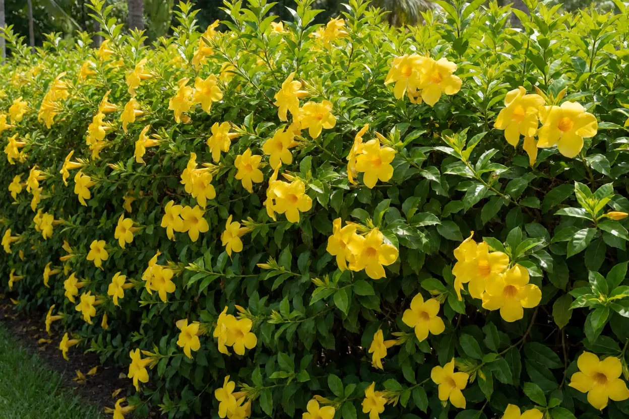 Alamanda-de-cerca florida formando cerca viva com flores amarelas em forma de trombeta