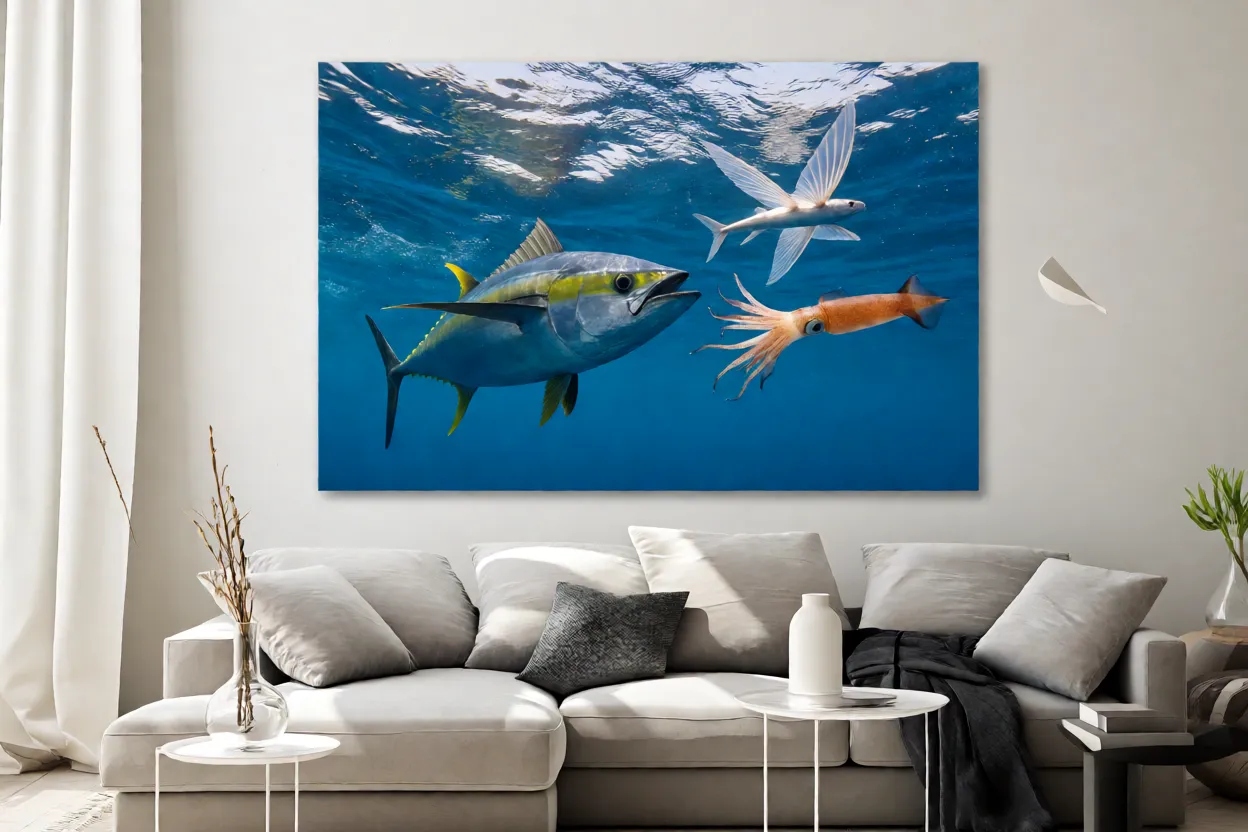 Albacora caçando peixes e lulas perto da superfície