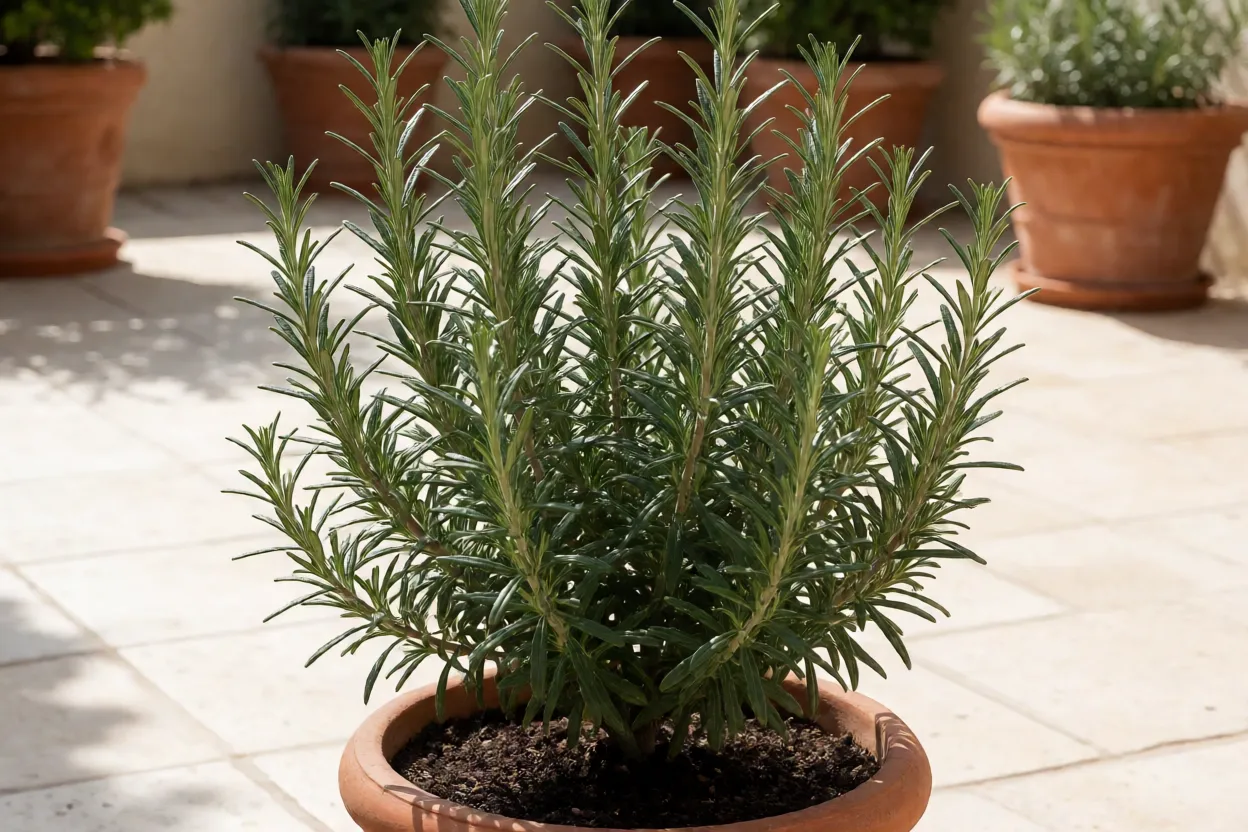 Alecrim Alecrim adulto em vaso de barro ao sol, arbusto compacto com folhas verde-escuras