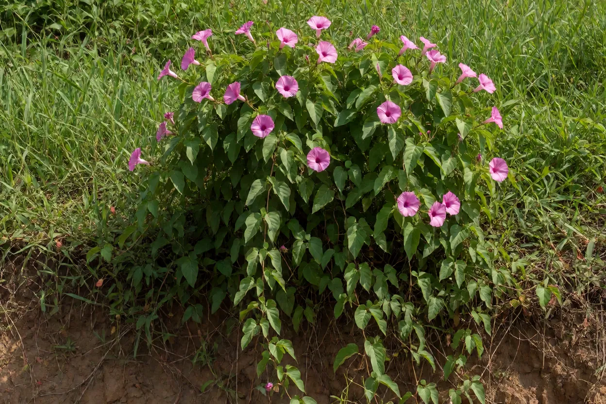 Algodão-bravo arbusto adulto com flores rosadas em forma de trombeta na beira de área úmida