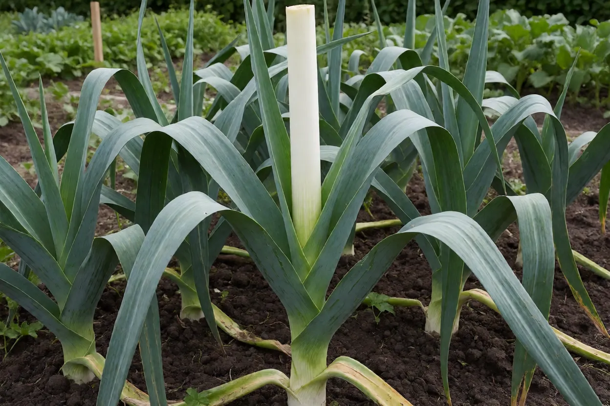 Alho-porró adulto cultivado em canteiro de horta com talo branco alongado
