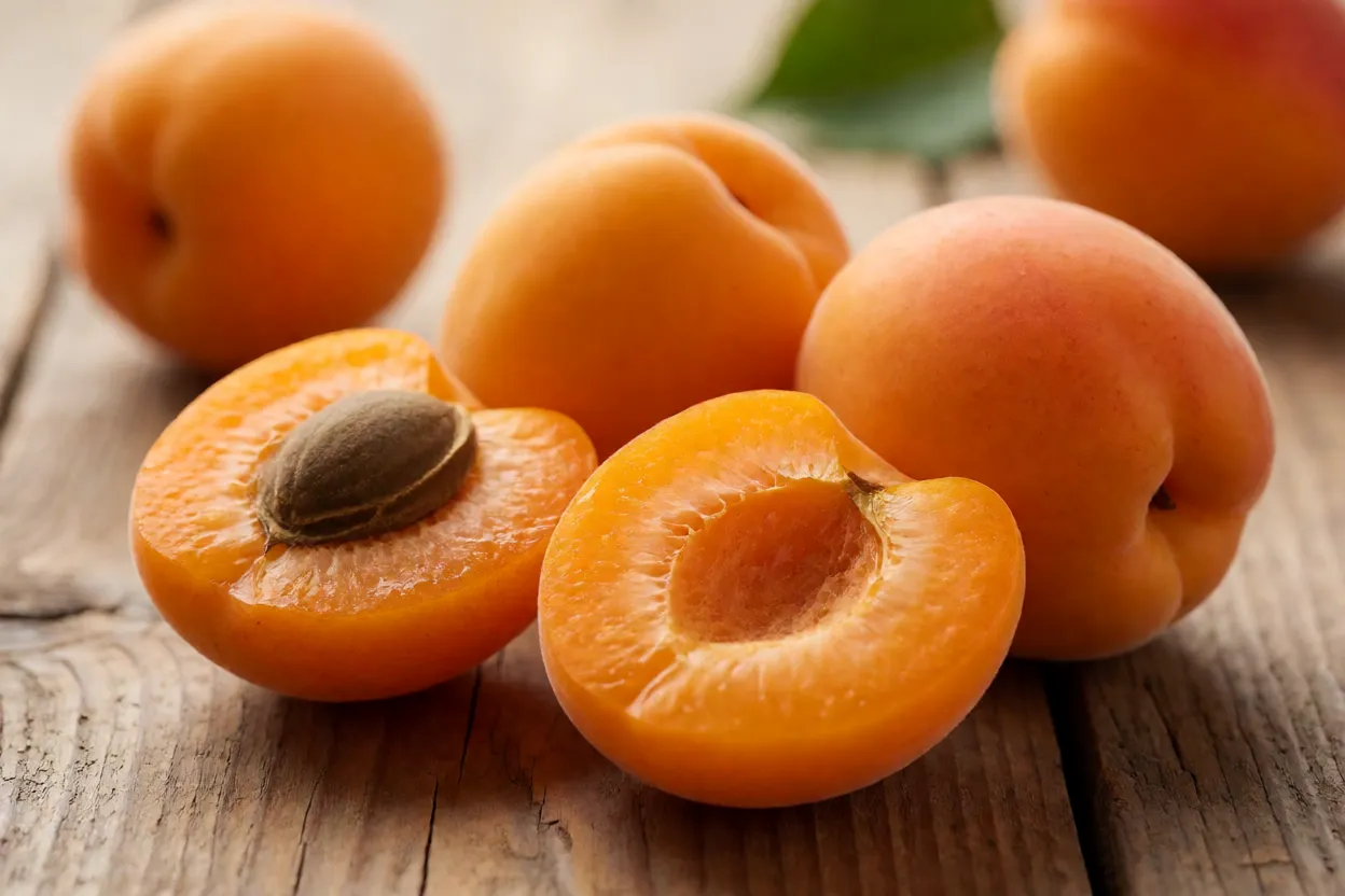 Alperce fresco inteiro e cortado ao meio mostrando polpa laranja e caroço
