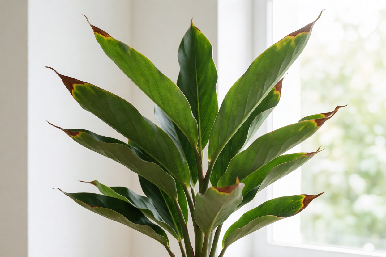 Alpínia Purpurata: como cultivar o gengibre-vermelho, floração e cuidados Folhas com pontas secas em Alpínia Purpurata por baixa umidade