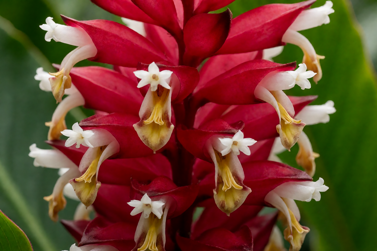 Alpínia Purpurata: como cultivar o gengibre-vermelho, floração e cuidados Detalhe das brácteas vermelhas e flores brancas da Alpínia Purpurata