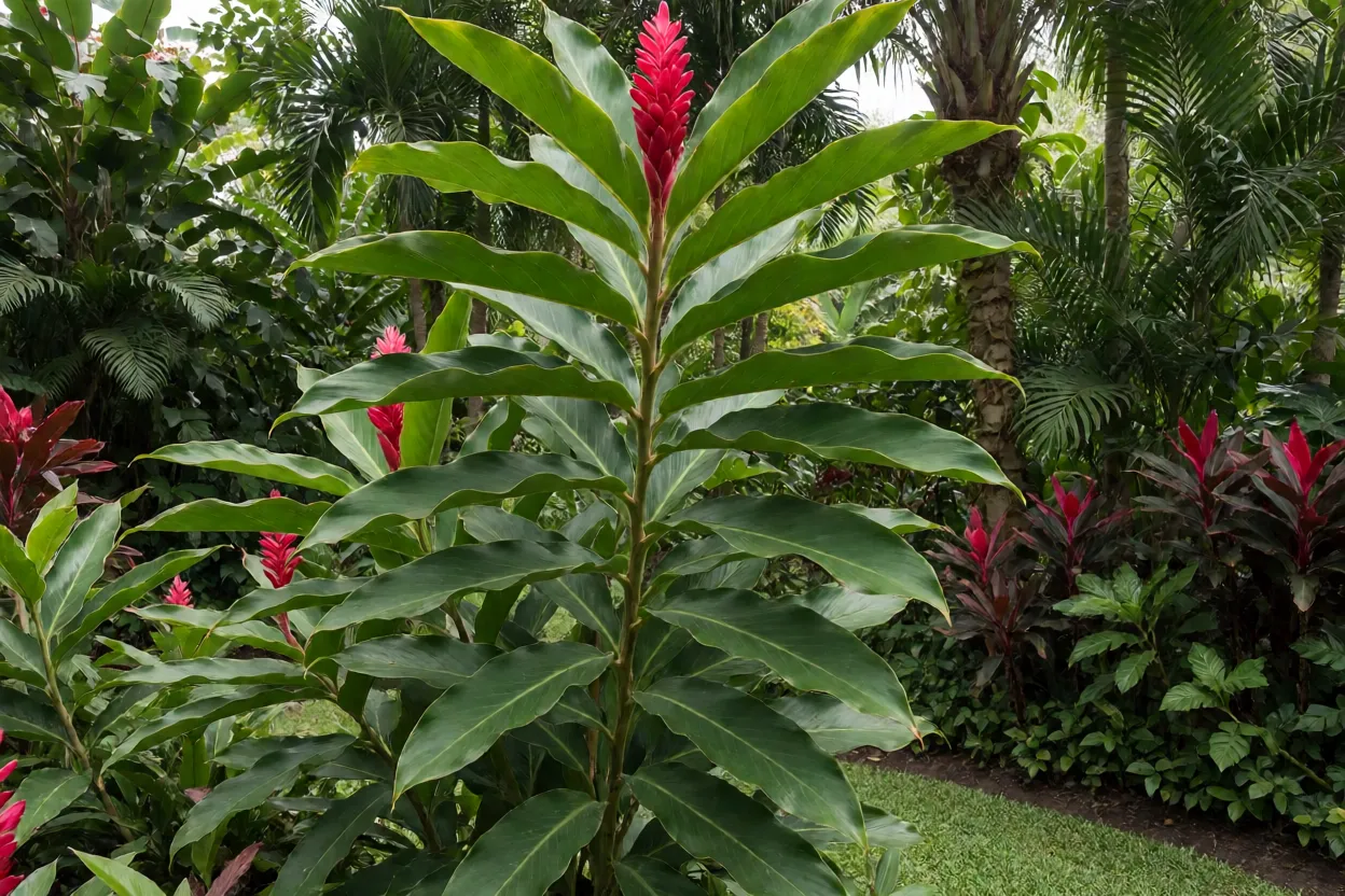 Alpínia-vermelha adulta no jardim com brácteas vermelhas eretas e folhas verdes brilhantes