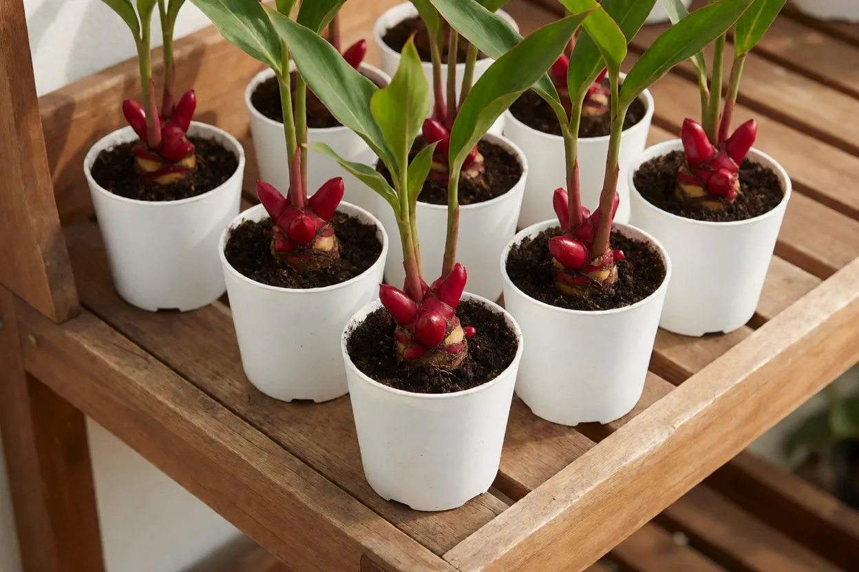 Alpínia-vermelha: características, floração, crescimento e como cultivar Mudas de alpínia-vermelha em vasos pequenos