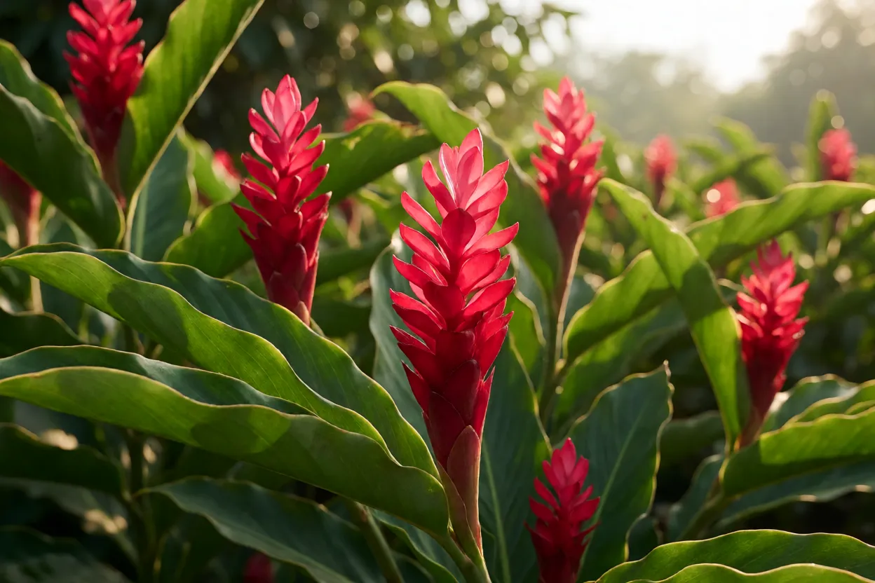 Alpínia-vermelha: características, floração, crescimento e como cultivar Alpínia-vermelha recebendo sol da manhã em um jardim