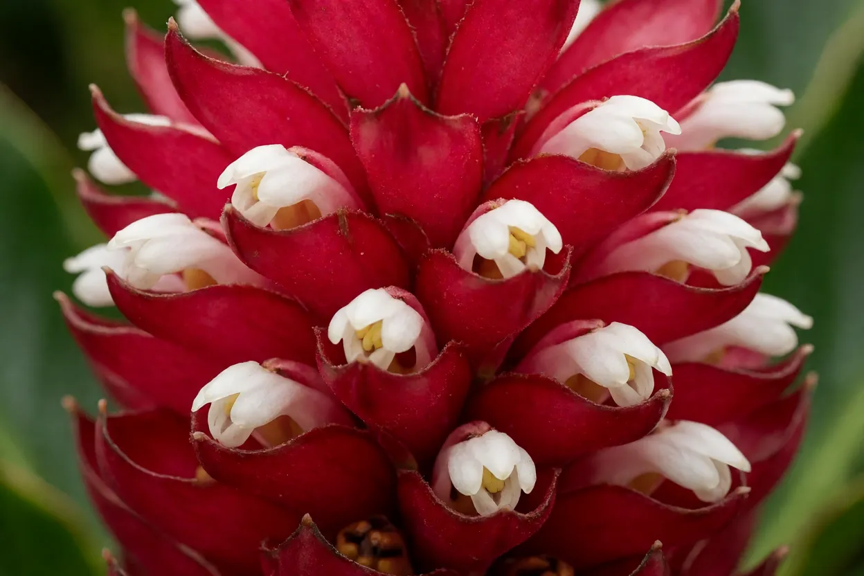 Alpínia-vermelha: características, floração, crescimento e como cultivar Cone de alpínia-vermelha em plena floração com flores brancas