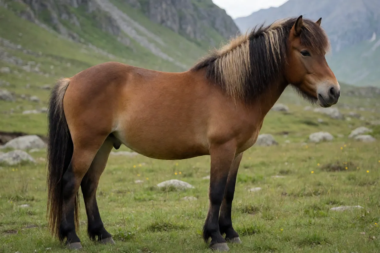 Cavalo Altai adulto de corpo inteiro em pasto de montanha mostrando porte pequeno e compacto