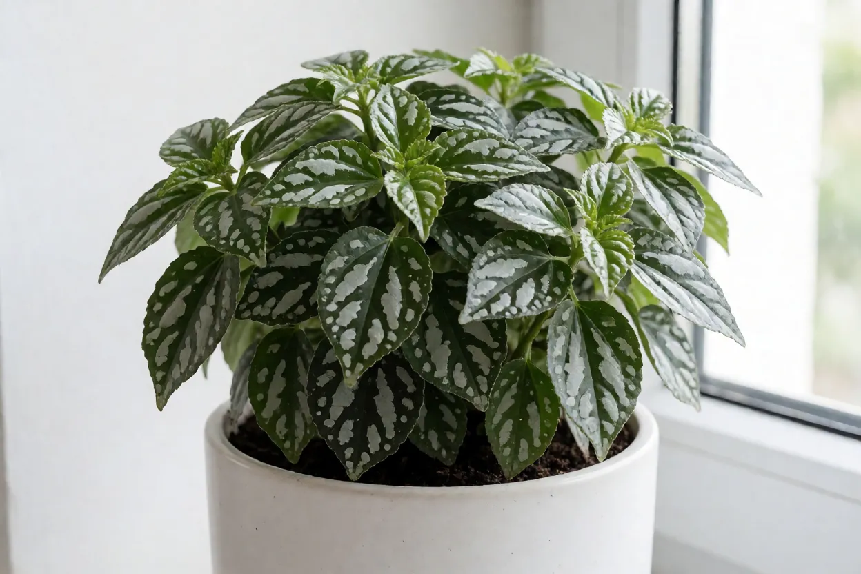 Planta Alumínio adulta em vaso branco com folhagem prateada em luz difusa