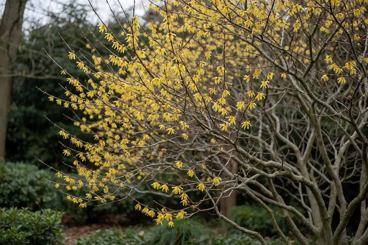 Amamélis florida no inverno com flores amarelas em forma de fita nos ramos sem folhas