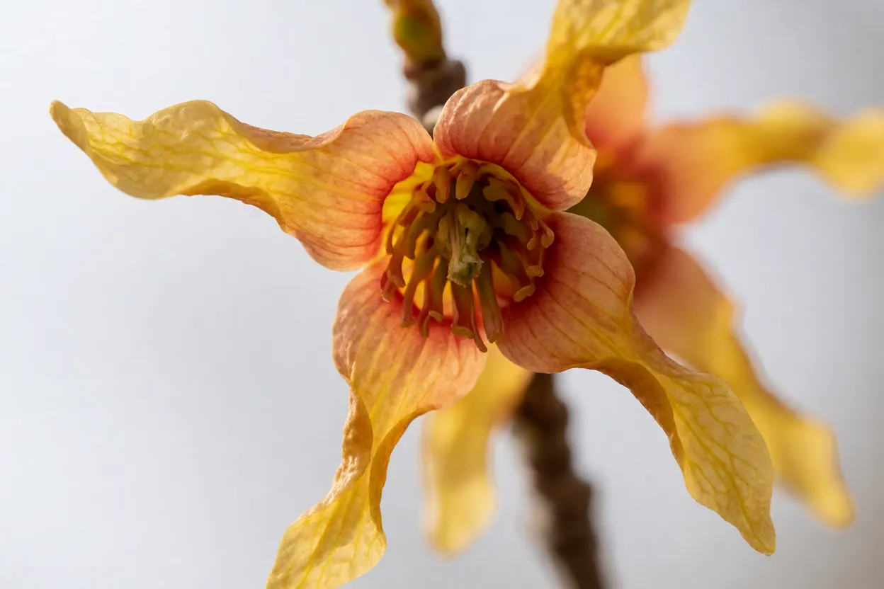 Close-up das flores da Amamélis mostrando pétalas finas e enrugadas
