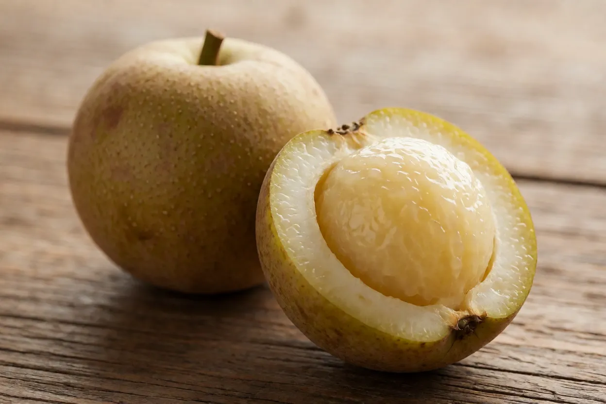 Fruta Amanatsu inteira e cortada ao meio mostrando polpa amarelo-clara e albedo espesso