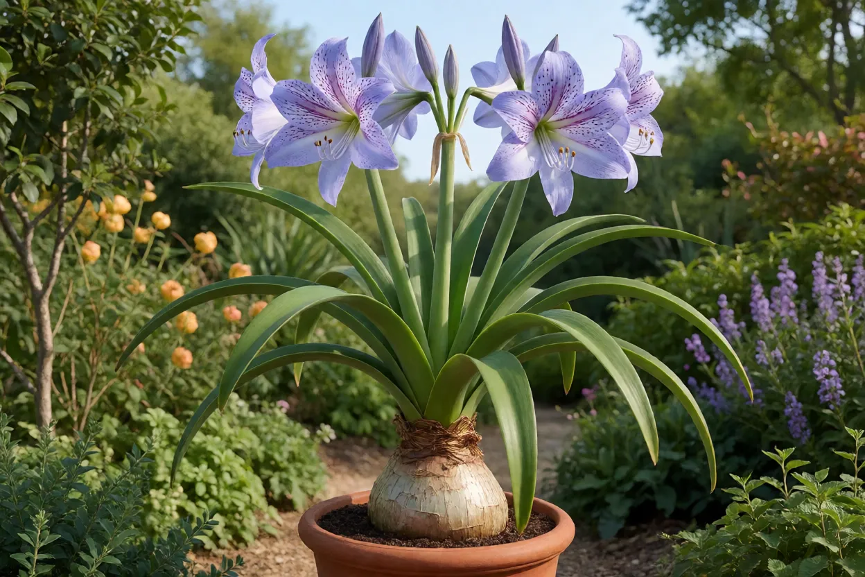 Amarílis-azul adulta em vaso de barro com flores azul-lilás
