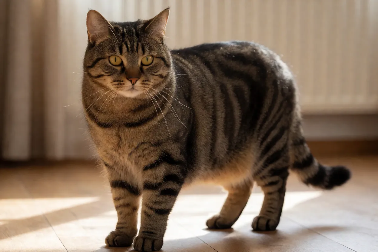 Gato American Bobtail adulto de corpo inteiro com cauda curta e pelagem tabby marrom