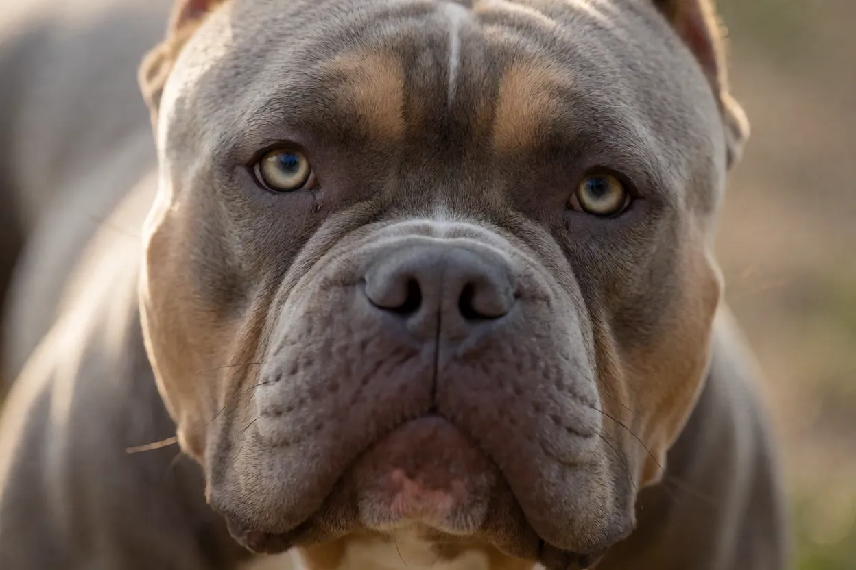 Retrato em close do rosto do American Bully destacando cabeça larga e focinho curto