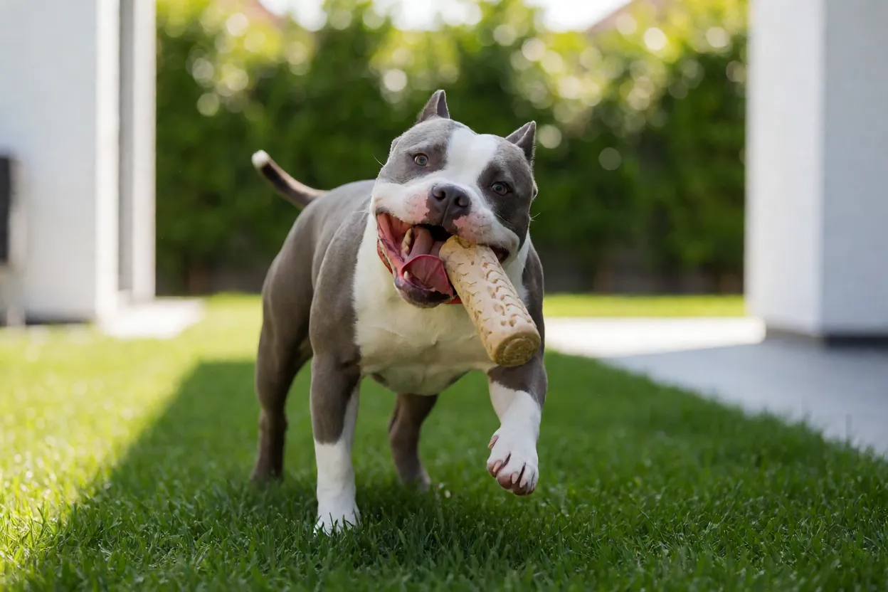 American Bully brincando com mordedor no quintal em dia claro
