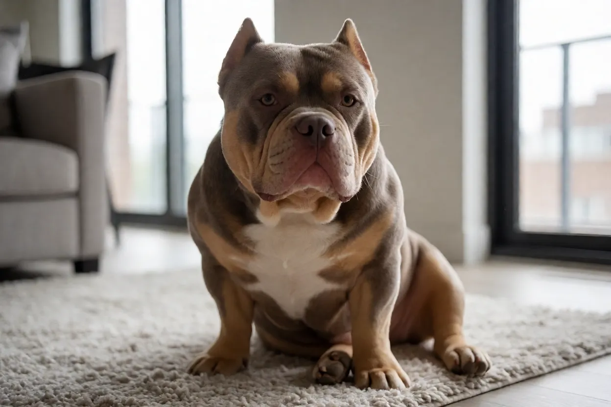 American Bully Pocket relaxado em apartamento moderno