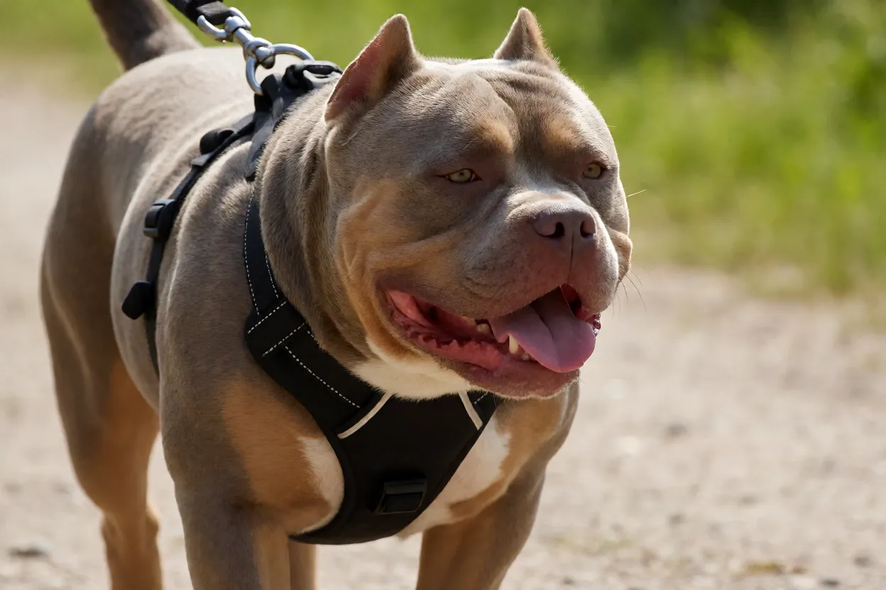 American Bully adulto com peitoral anti-pux&atilde;o em treino de guia