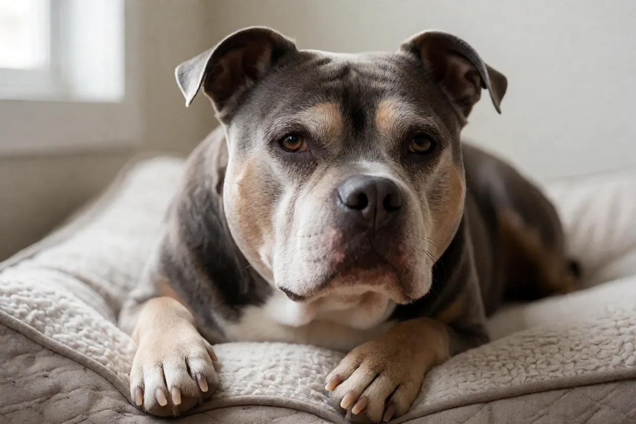 American Bully s&ecirc;nior descansando em local confort&aacute;vel