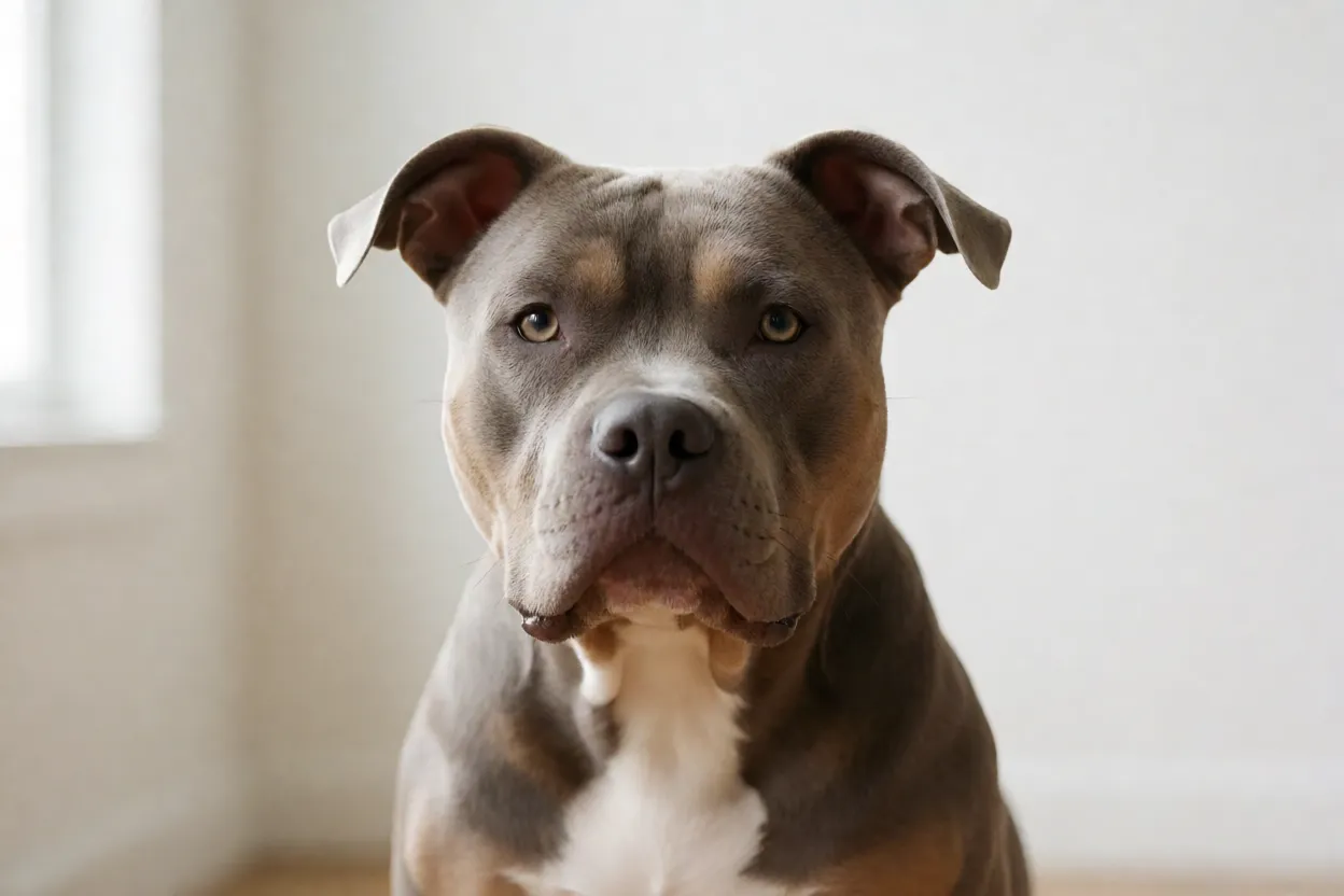 American Bully adulto olhando para a c&acirc;mera com express&atilde;o calma