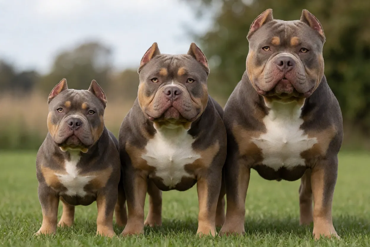 Compara&ccedil;&atilde;o visual entre Pocket, Standard e XL American Bully lado a lado