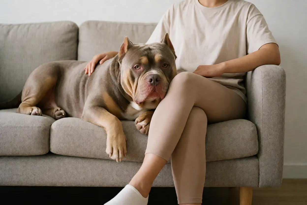 American Bully deitado ao lado de pessoa no sof&aacute; demonstrando afeto