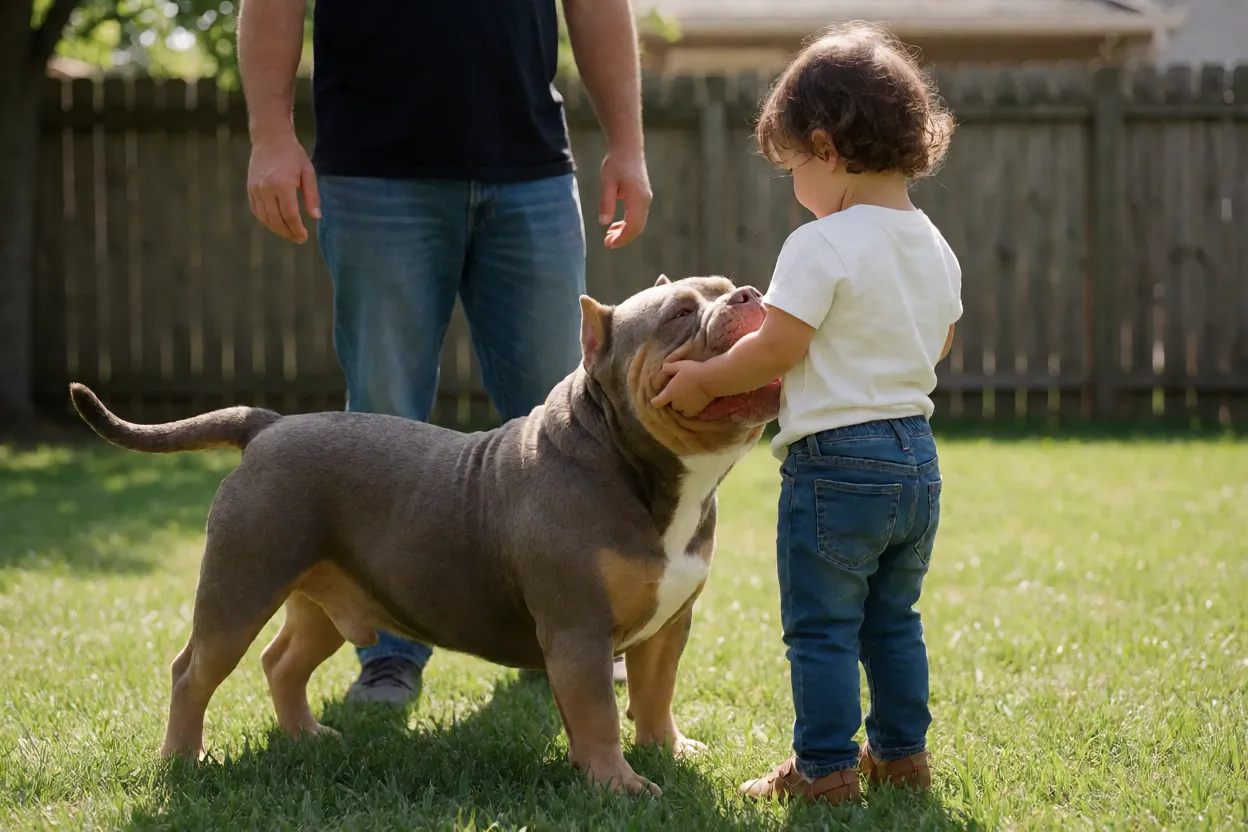 American Bully brincando supervisionado com crian&ccedil;a em quintal