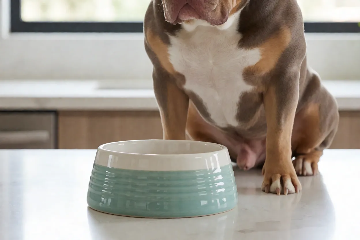 Tigela com ra&ccedil;&atilde;o de alta qualidade ao lado de American Bully adulto