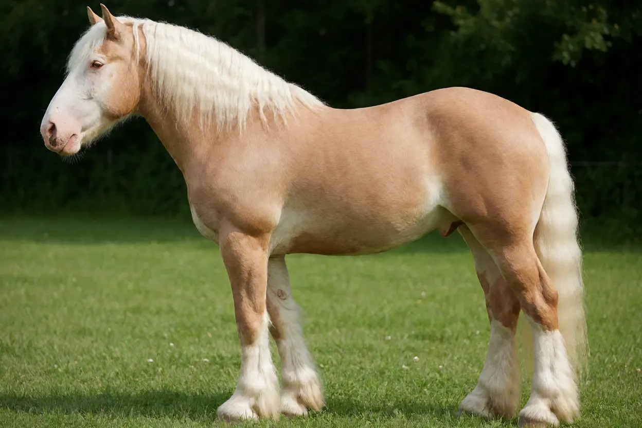 Cavalo American Cream Draft adulto de corpo inteiro na pastagem mostrando pelagem creme médio
