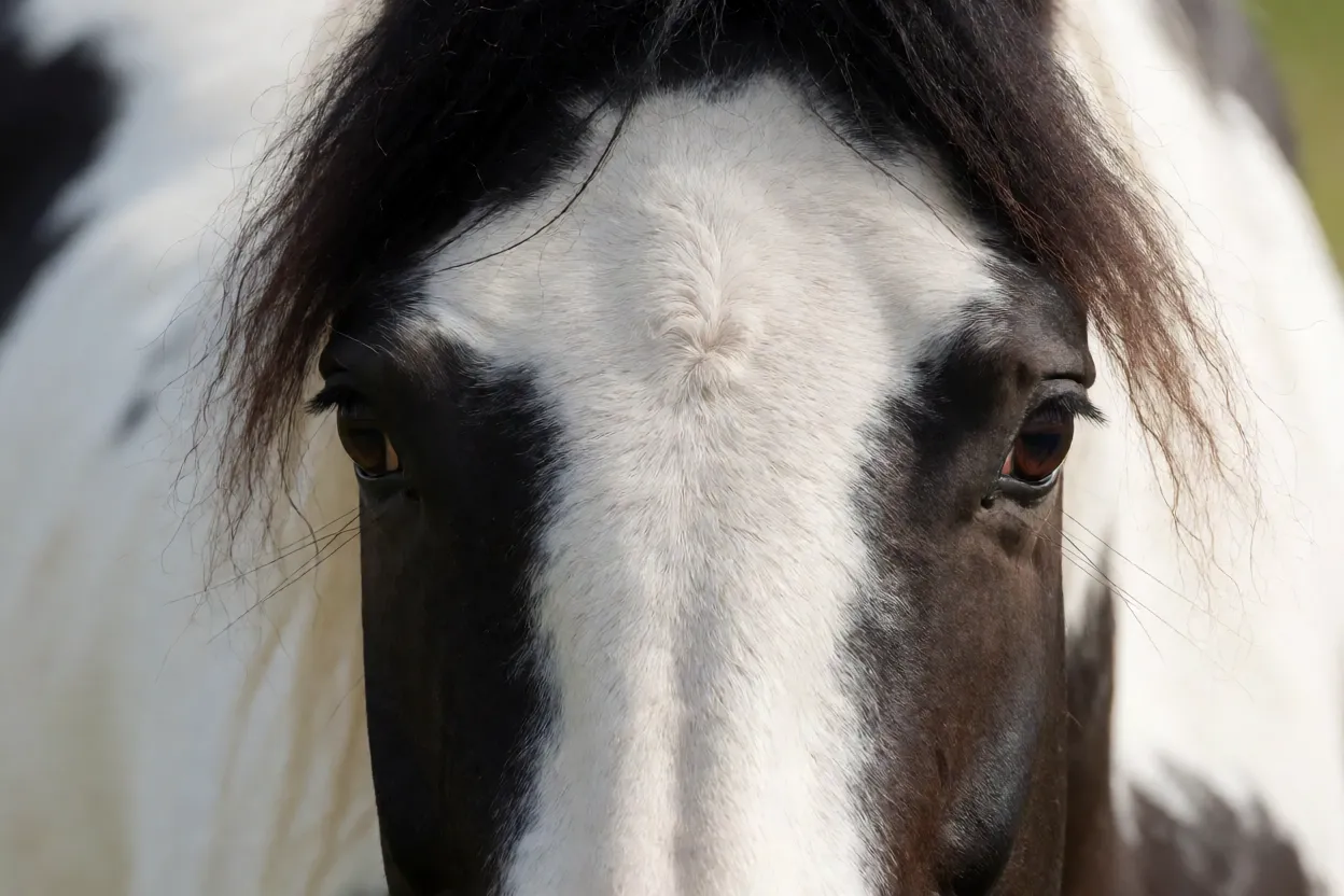 Retrato da cabeça de um American Drum Horse mostrando perfil reto e crina farta