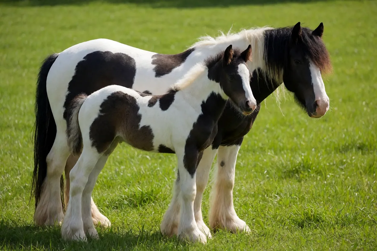 Potro American Drum Horse ao lado da mãe no pasto