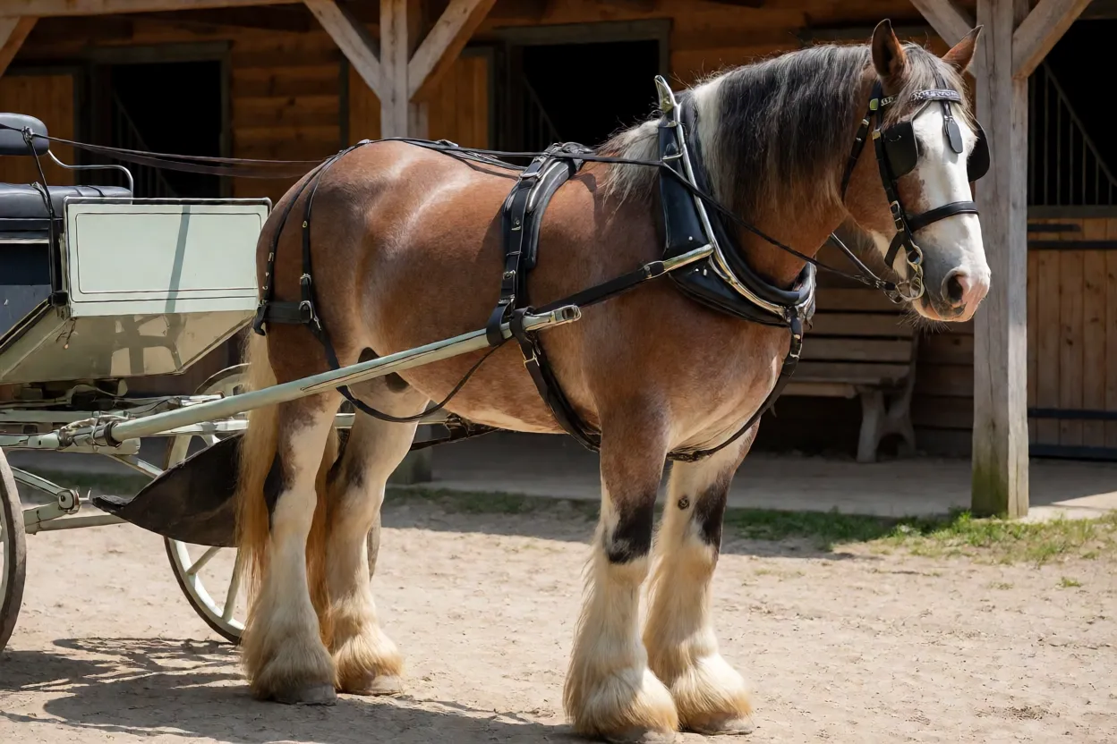 American Drum Horse atrelado a carruagem leve no pátio