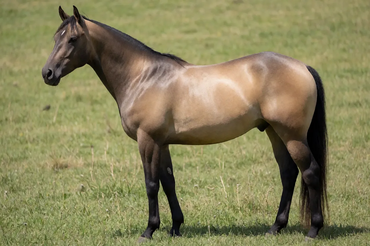Cavalo American Indian Horse adulto de corpo inteiro em pasto, vista lateral