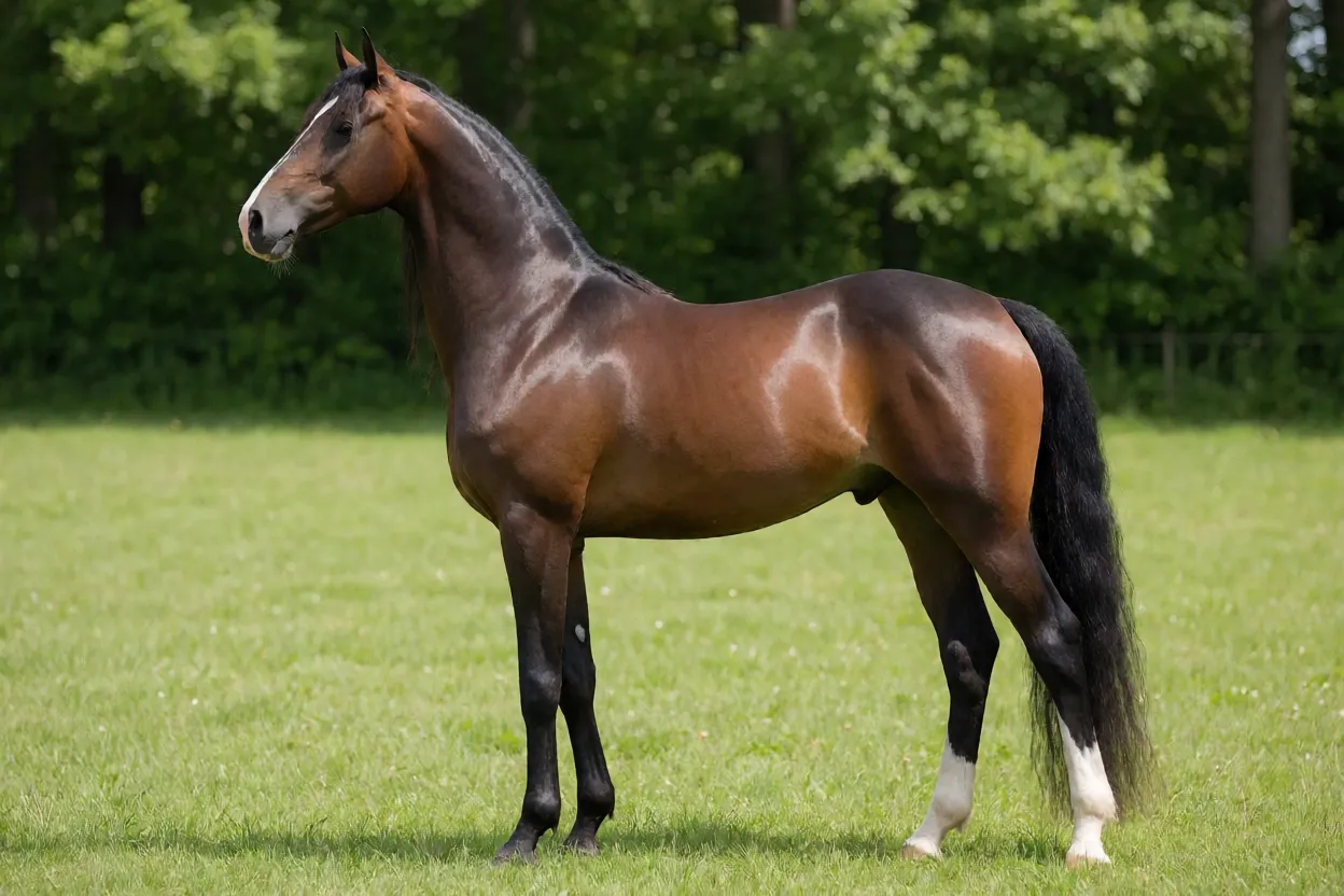 Cavalo American Saddlebred adulto em perfil na pastagem mostrando conformação elegante