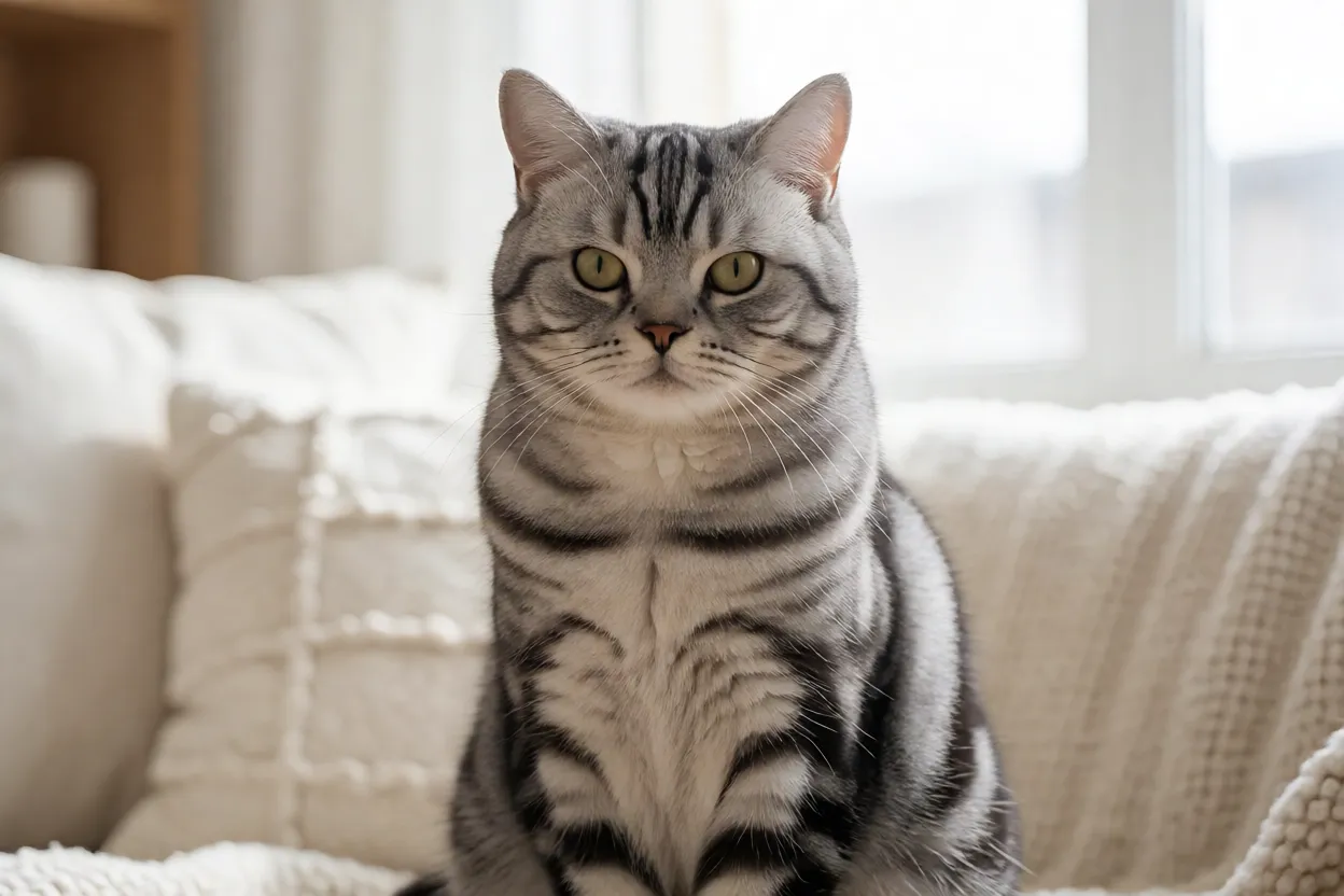 American Shorthair prateado sentado em ambiente dom&eacute;stico com luz natural