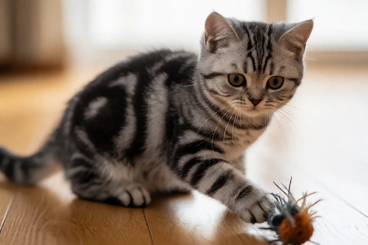 Filhote de American Shorthair silver tabby brincando