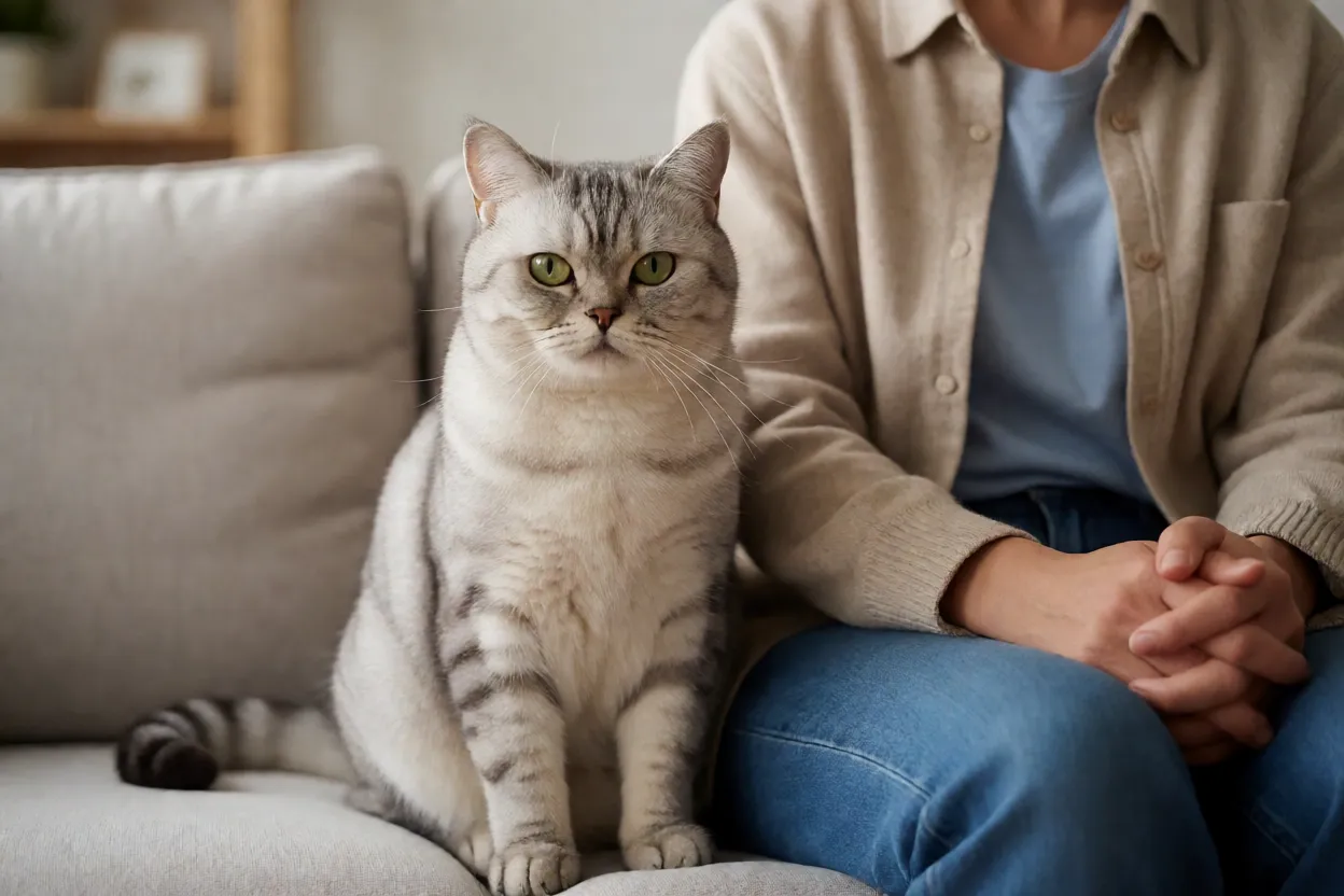 American Shorthair adulto relaxado ao lado do tutor no sof&aacute;