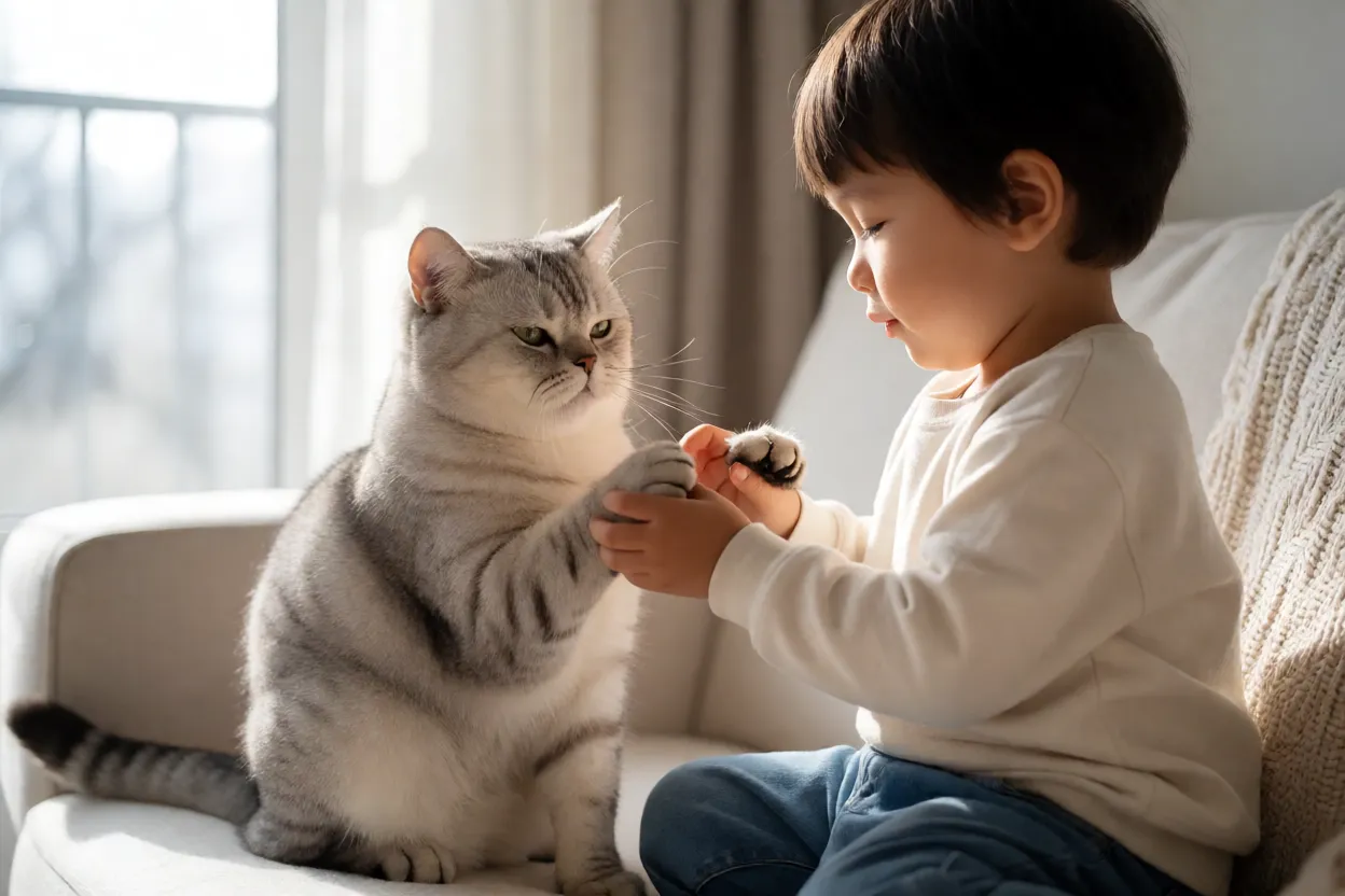 American Shorthair brincando com crian&ccedil;a em sala de estar