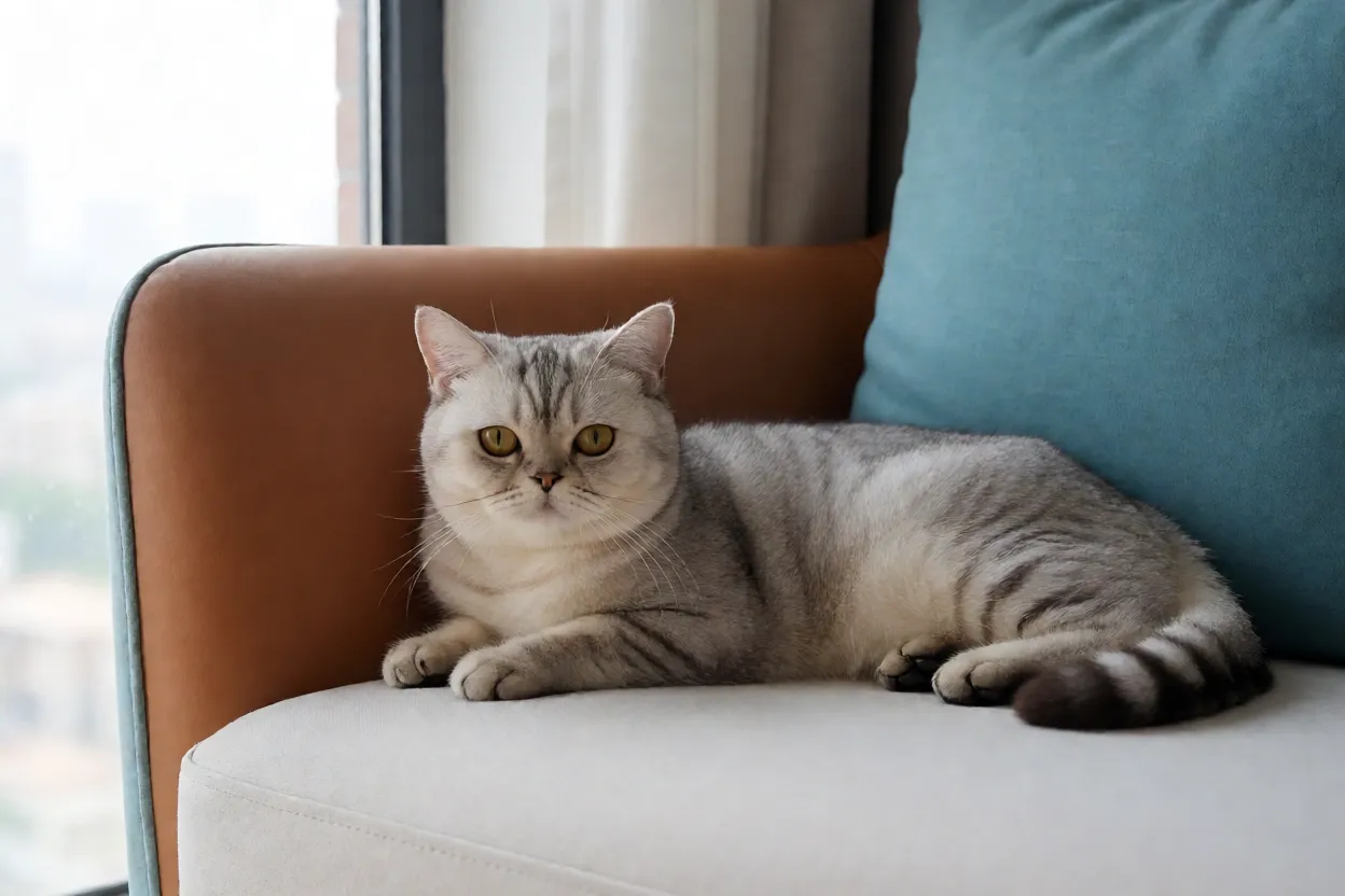 American Shorthair descansando em sof&aacute; de apartamento moderno