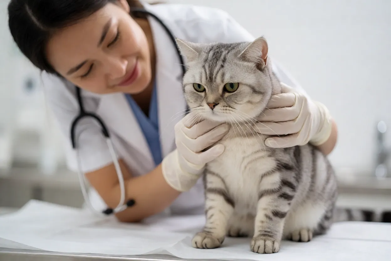Veterin&aacute;rio examinando American Shorthair em cl&iacute;nica