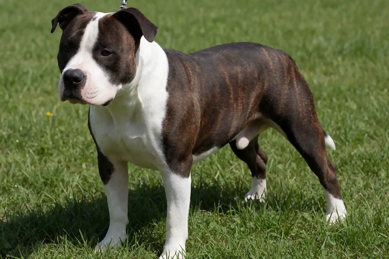American Staffordshire Terrier American Staffordshire Terrier adulto em pé na grama, visto em três quartos, pelagem tigrada e branca