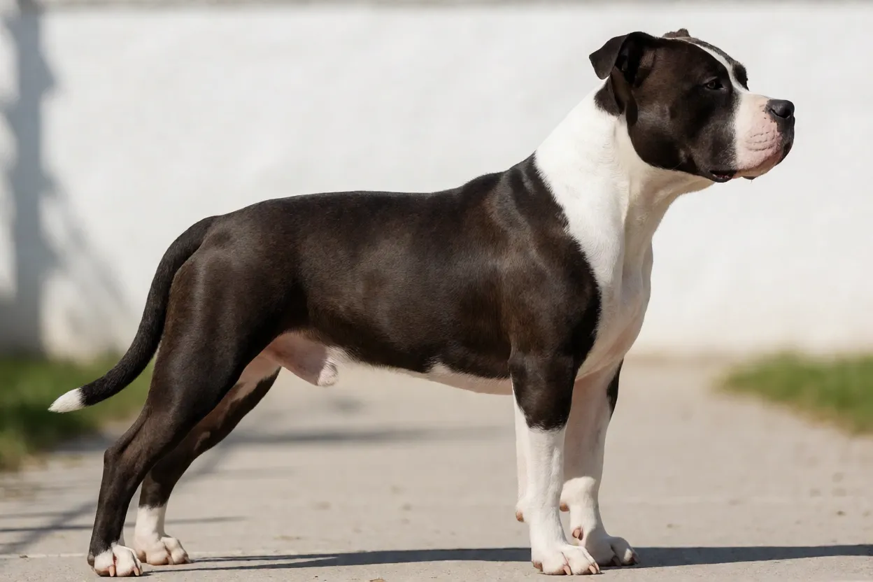 American Staffordshire Terrier adulto de pelo curto e musculoso em pose lateral