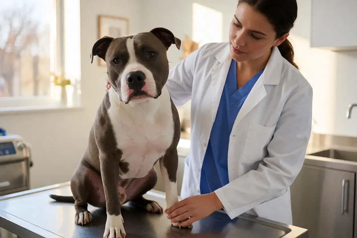 American Staffordshire Terrier em consulta veterin&aacute;ria de rotina