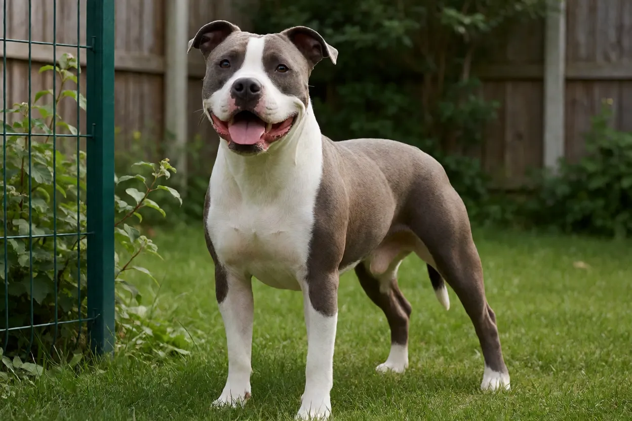 American Staffordshire Terrier em quintal cercado seguro