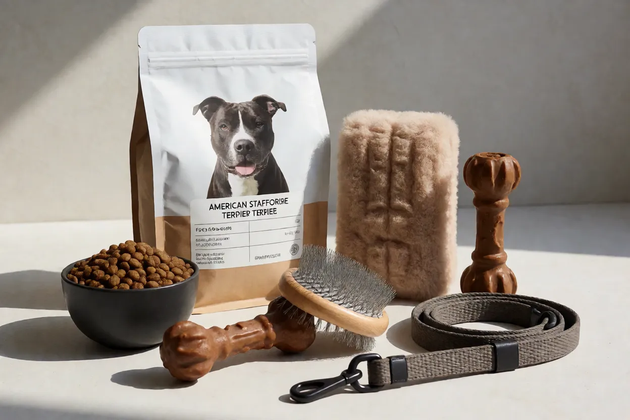 Itens de cuidado para American Staffordshire Terrier: ra&ccedil;&atilde;o, brinquedos e escova