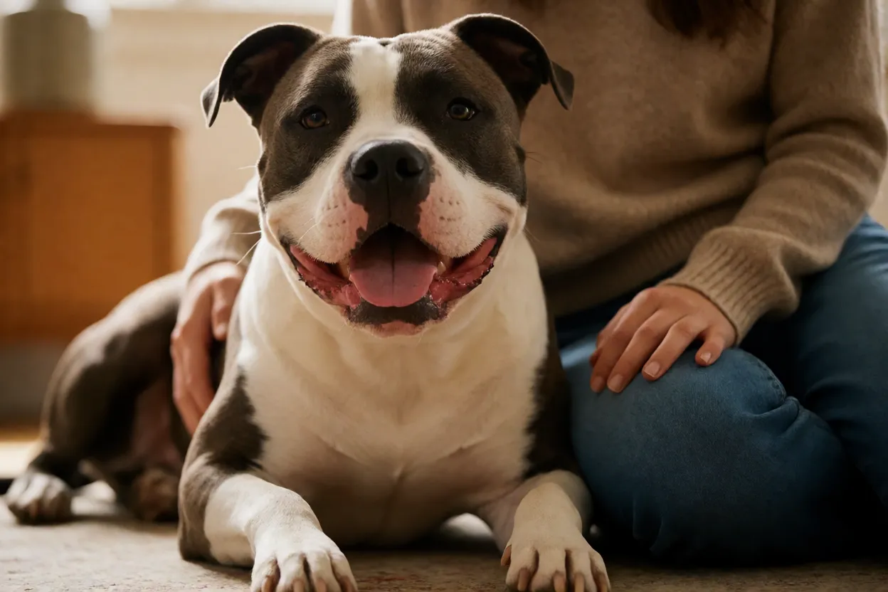 American Staffordshire Terrier relaxado ao lado do dono em casa