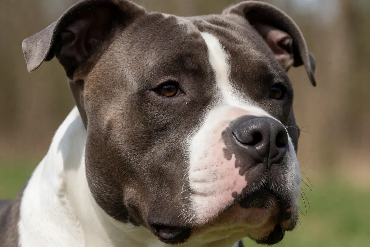 Detalhe da cabe&ccedil;a larga e m&uacute;sculos do American Staffordshire Terrier