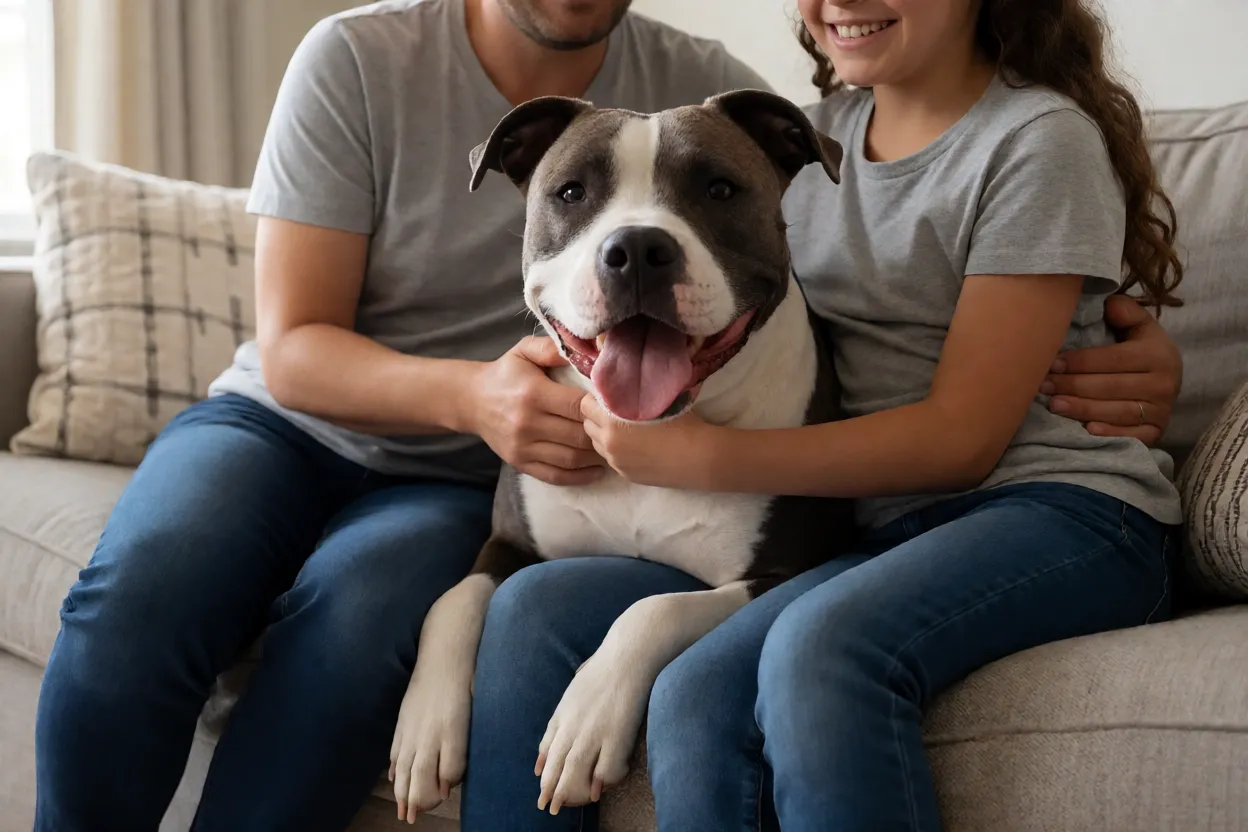 American Staffordshire Terrier carinhoso deitado no colo da fam&iacute;lia